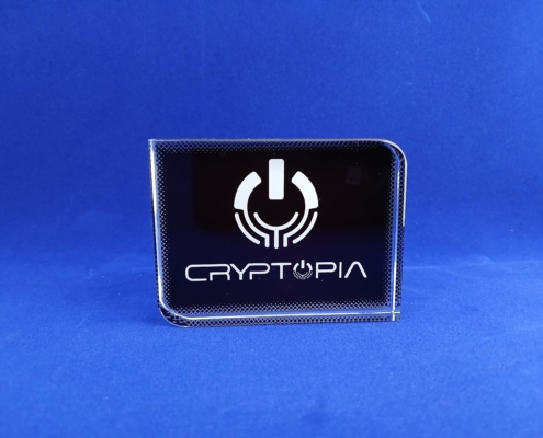 8x6 crystal in display with Cryptopia logo in white and dark background